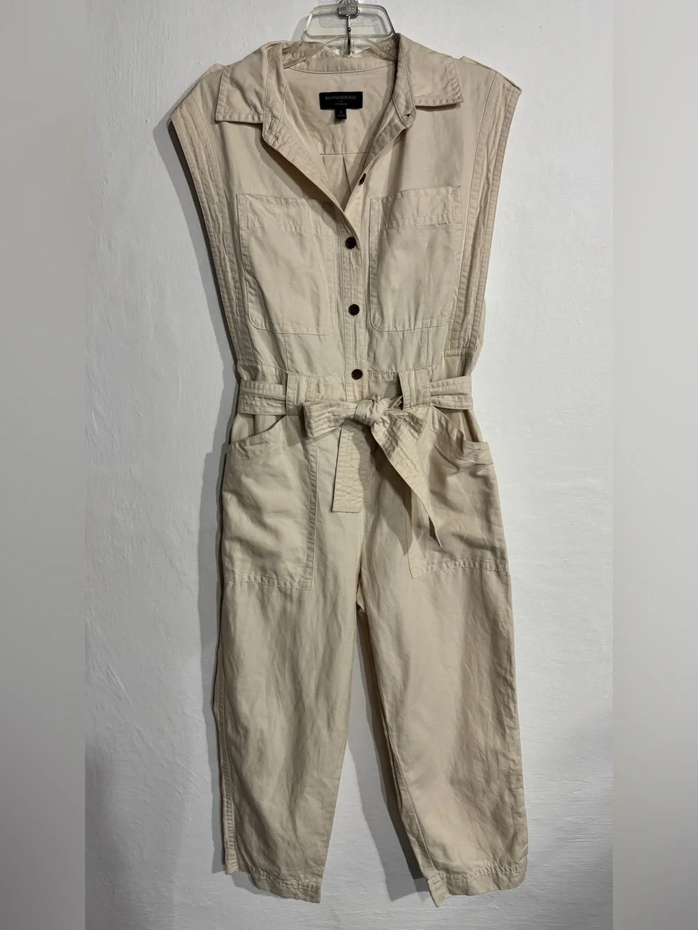 Banana Republic LINEN-BLEND Sleeveless Beige Utility Jumpsuit with Tie Belt